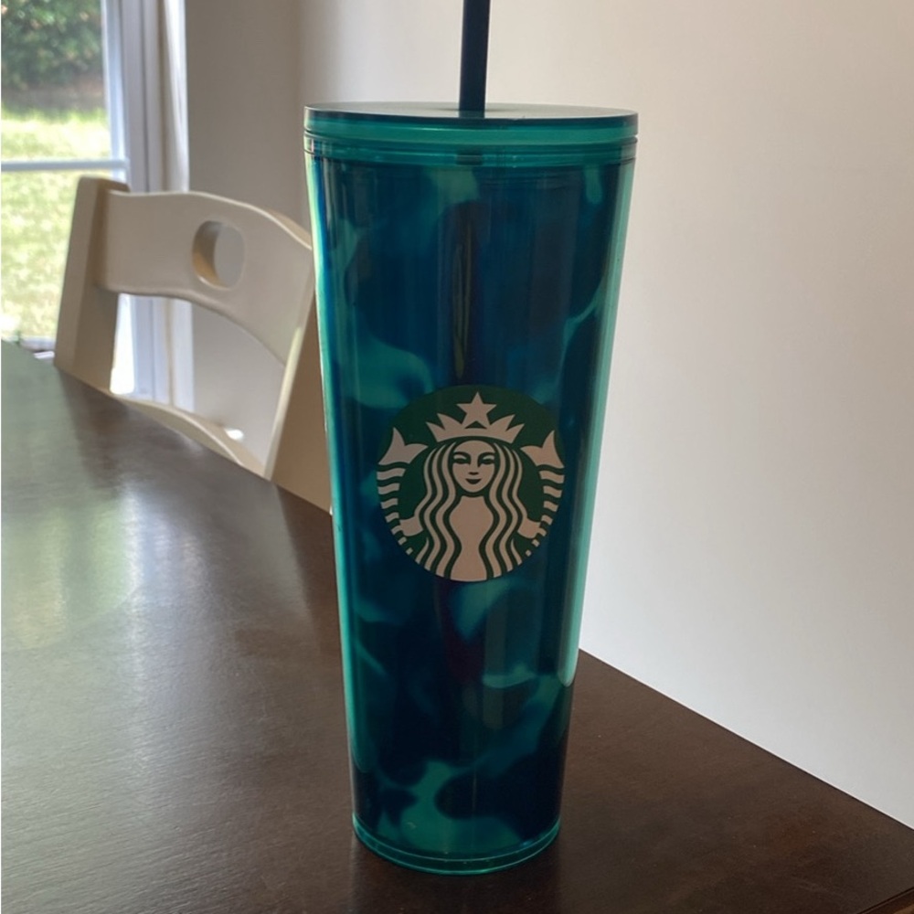 Starbucks Teal Turquoise Green Blue Wave Tumbler Traveler Cold Cup 24oz Venti